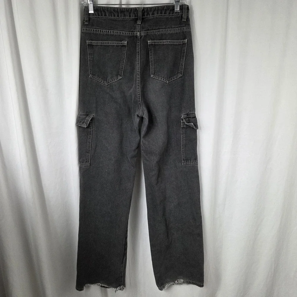 SheIn Jeans Womens 30 Gray Charcoal Wash High Rise Straight Cargo Pockets Denim